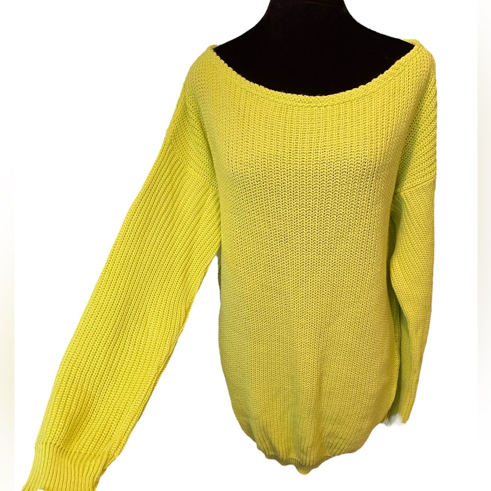 NEW Boohoo Plus Neon Lime Green Slash Neck Comfy Knit Sweater
